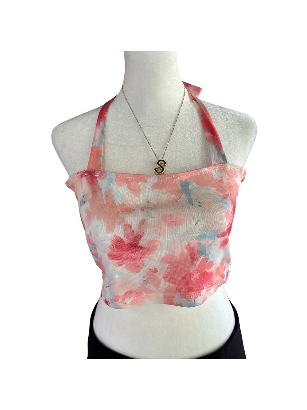 Floral Mesh Criss Cross Halter Crop Top Pink Size XS/S